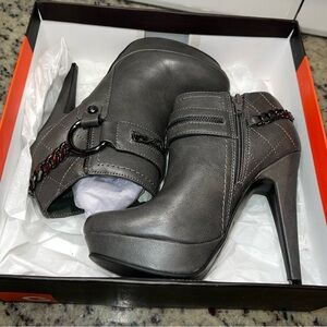 G By Guess GG Dawly Dark Gray High Heel Boots With Chain Accents Booties